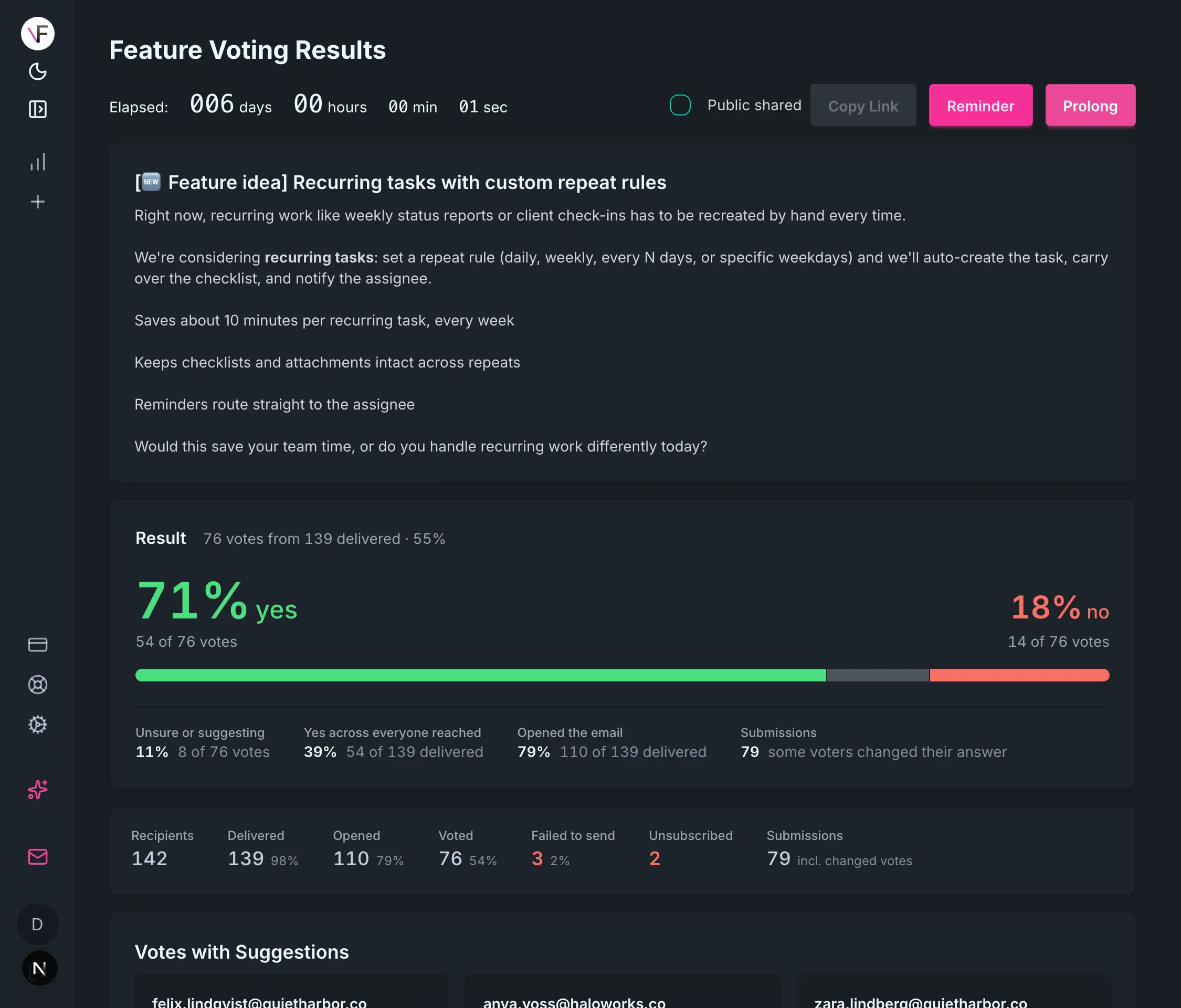 Grid of customer comments explaining their vote on the recurring tasks feature idea